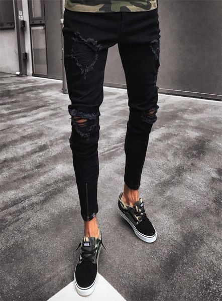 

mens cool black jeans skinny ripped destroyed stretch slim fit hop hop pants with holes for men7597154, Blue