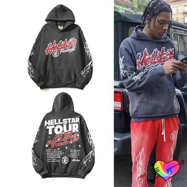 

men's hoodies sweatshirts 2023fw fleece hellstar tour hoodie men women flame graffiti high street hoody gray records pullovers 230821, Black