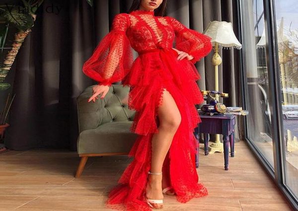 

casual dresses women side high slit sheer mesh maxi party dress chic red lantern sleeve seethrough cascading ruffles mermaid8505702, Black;gray