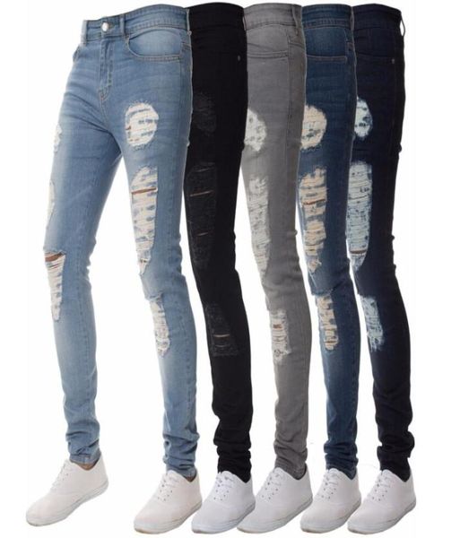 

mens solid color distressed biker cool jeans fashion slim ripped washed pencil pants men jean male high street2179024, Blue