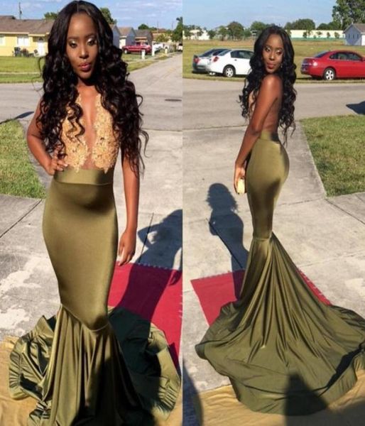 

olive green mermaid prom dresses illusion bodice sleeveless appliques satin backless satin black girls party dresses sweep tr9536753