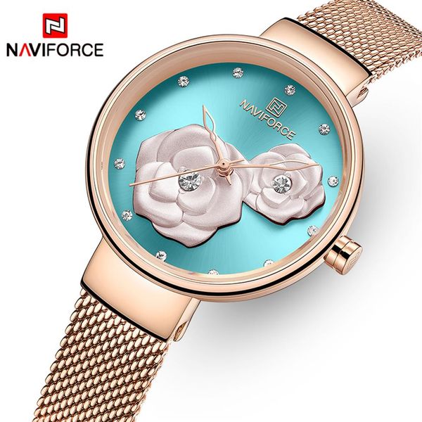 

naviforce new watches for women brand beautiful flower quartz female wristwatch stainless steel mesh waterproof girl clock3381, Slivery;brown