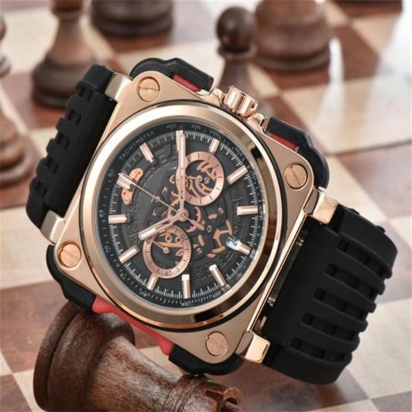 

wristwatches br model sport rubber watchband quartz bell luxury multifunction watch business stainless steel man ross wristwatch m308t, Slivery;brown