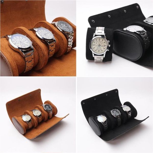 

3 slots watch boxes roll travel case portable leather watch storage box slid in out240c, Black;blue