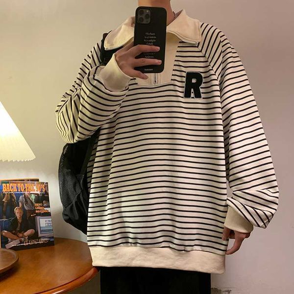 

half zip striped sweater men's spring and autumn fashion brand youth american long sleeve polo shirt couple loose fit, Black