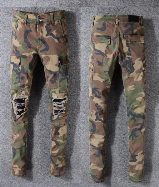 

2021 latest listing skinny camouflage jeans for mens ripped big holes rabbit motorcycle biker denim pants embroidery men fashion d1406914, Blue