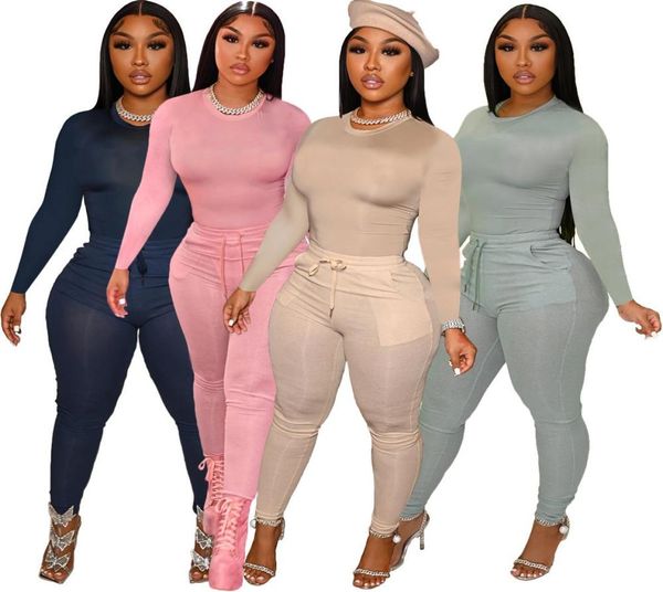

women039s two piece pants sari women sets autumn bodycon tracksuit solid skinny sweatshirts pocket lace up long sleeve sui3756400, White