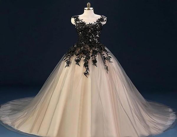 

gothic champagne and black ball gown wedding dresses sheer neck sleeveless lace appliques tulle corset bridal gowns with court tra8364359, White