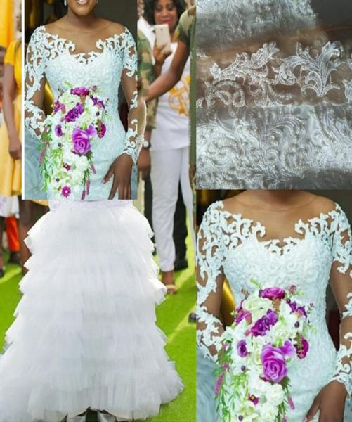 

custom made illusion long sleeve mermaid wedding dress ruffles skirt bridal wedding gown luxury pearl beaded vestido 2207293, White