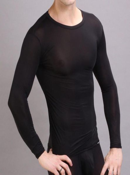 

wholemens transparent undershirt exotic smooth sheer underwear long sleeves fitness gym sports t shirt7492676, Black;brown