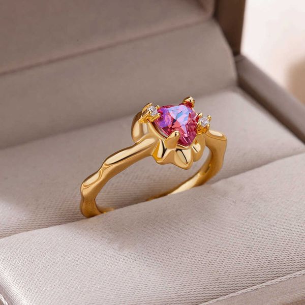 

band rings pink zircon heart stainless steel ring for women gold plated openning couple rings wedding items with r230822, Silver