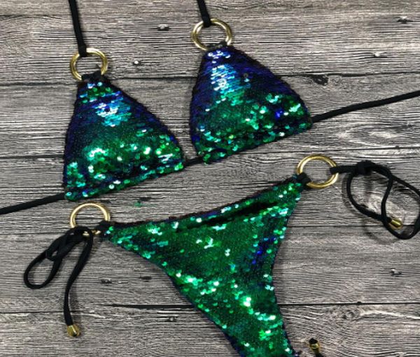 

solid bikini swimsuit halter swimwear bathing suit women bling sequin bikini set beach wear glitter6108973, White;black