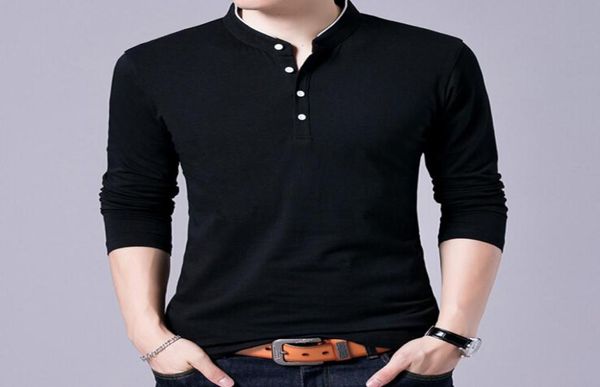 

men spring autumn cotton t shirts mens solid color mandarin collar long sleeve tee8833504, White;black