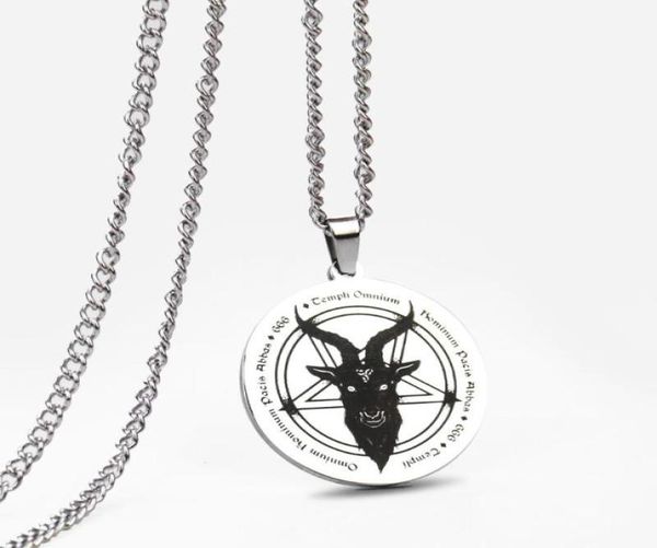 

pendant necklaces weatern stainless steel lucifer satan necklace 666 demon round pentagram solomon skull goat head jewelry 4857424, Silver