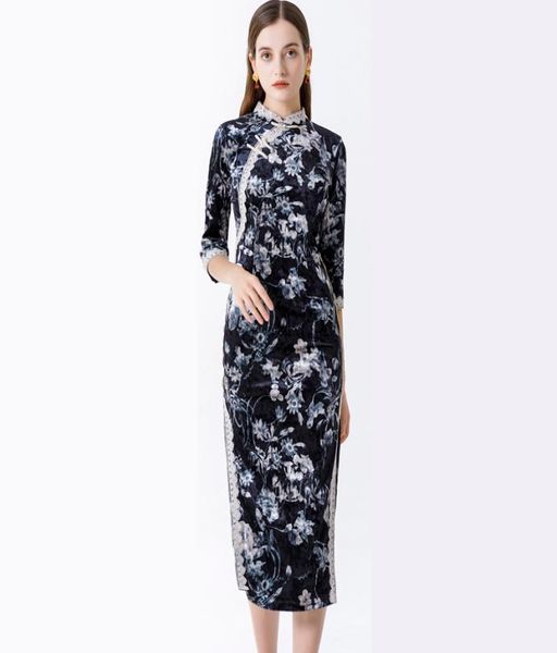 

womens vintage dresses stand collar 3 4 sleeves printed lace piping side split printed velour chinese style qipao dresses7937840, Black