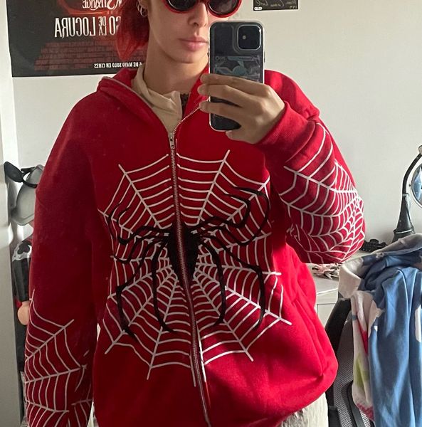 

men's hoodies sweatshirts hip hop women hoodies gothic spider web print hooded zip up jacket coats grunge y2k oversized streetwear men&, Black