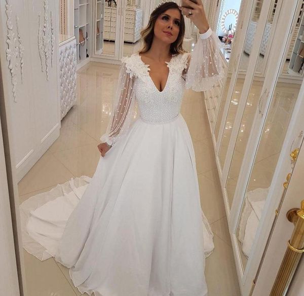 

long sleeves wedding dress a line appliques beaded boho country garden church formal bridal gown custom made plus size2684593, White