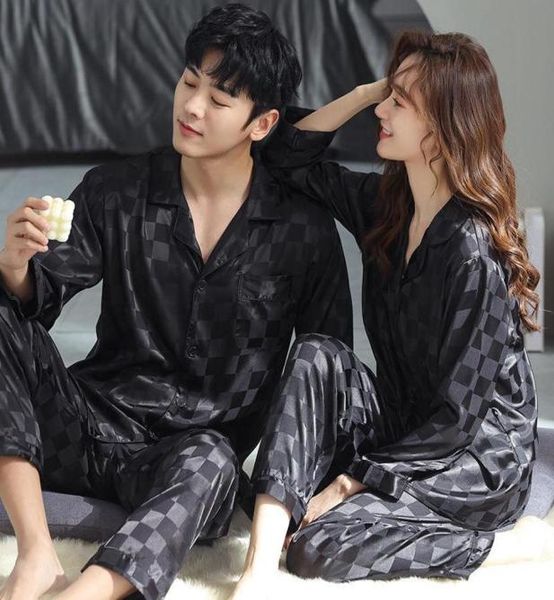 

men039s sleepwear couple pajama sets for mens plaid designer loungewear nightwear long sleeve sleep trousers thin silk satin pa1919227, Black;brown
