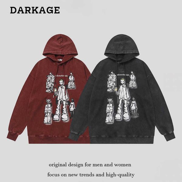 

american hip hop washed old hooded sweater men's street fashion loose couple hoodies autumn and winter, Black
