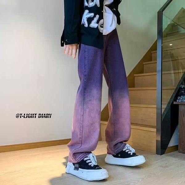

gradient denim men's 2023 new spring american ins high street trendy brand loose straight casual pants, Blue