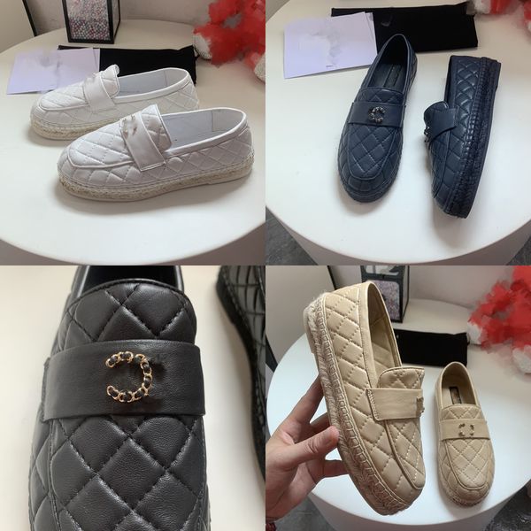 

luxury womens lambskin low heels dress shoes quilted texture straw slip on loafers sandals outdoor casual shoes classic fisherman ladies fla, Black