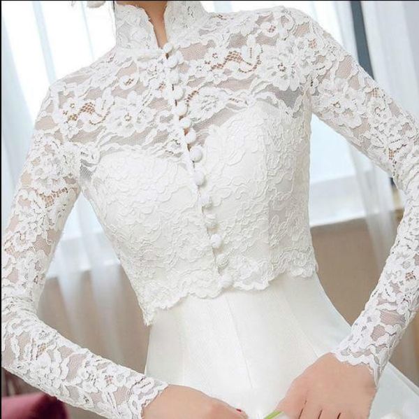 

solovedress lace appliques long sleeves bridal wedding jacket shawl bolero wraps high neck vintage bride wraps wedding dress acces4957109, White