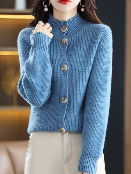 

womens knits tees autumn winter mockneck thickened casual cardigan for women 100% merino wool loose solid cashmere sweater female fashion co, White