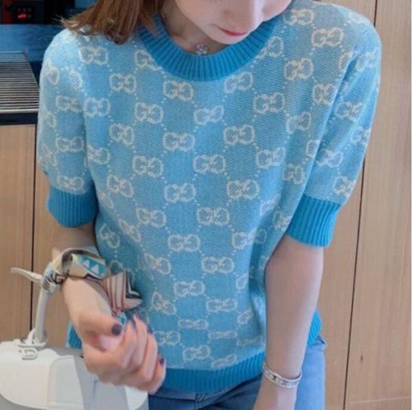 

new women's ggity plaid jacquard knits short sleeve sweater designer contrast round neck stitching full printing knit clothing, White;black