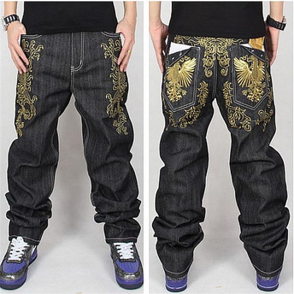 

whole-phoenix gold embroidery men baggy jeans mens hip hop jeans long loose fashion skateboard baggy relaxed fit jeans for men283c, Blue