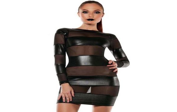 

casual dresses women wet look pvc mesh insert bodycon clubwear fashion black long sleeve vinyl leather dress vestidos kleid r5302185, Black;gray
