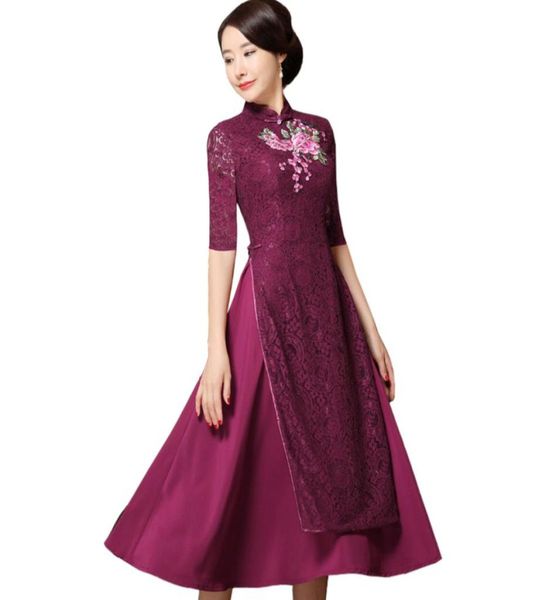 

purple summer women lace chinese aline dress embroidery flower long cheongsam ethnic vietnam aodai qipao oversize sxxxxl9897153, White;black