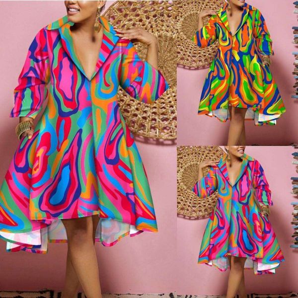 

autumn loose v neck fashion print dress for women, Black;gray