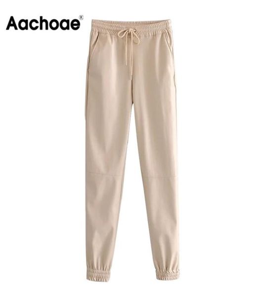 

aachoae lady full length pu leather pants drawstring sports style long sweatpant baggy casual pencil pantalon mujer 2202145958372, Black;white