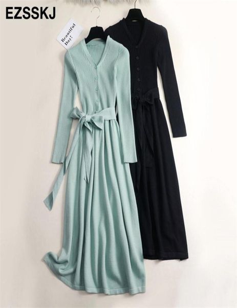 

autumn winter vneck maxi sweater dress women ol female long sweater dress with belt elegant aline solid slim dress t2009115213602, Black;gray
