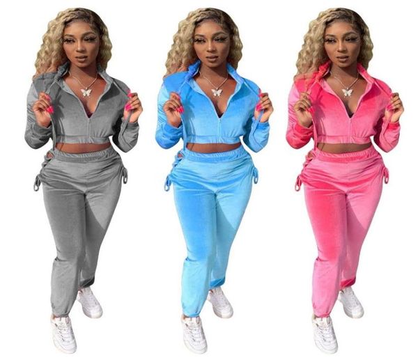 

designer fashion women velvet tracksuits solid colour long sleeve zipper jackets and pants two piece set casual sport su3110732, Gray