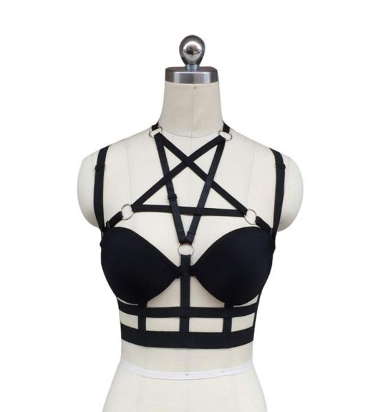 

women black harness cage bra gothic harajuku lingerie cage back complex garters belt pentagram body harness cage bra4016694, Black;white