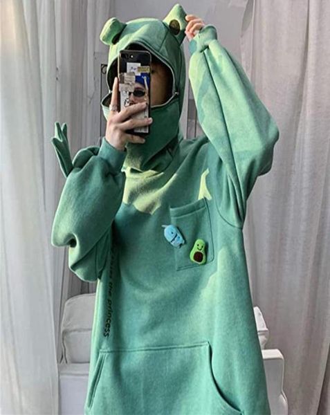 

women frog kawaii hooded hoodie solid long sleeves winter sweatshirt cute design pocket animal pullover oodie oversized women0394488044, Black