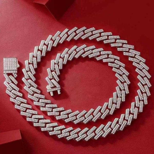 

ready to ship iced out 14mm mens miami cuban link necklace hip hop vvs moissanite bling prong cuban chain, Silver