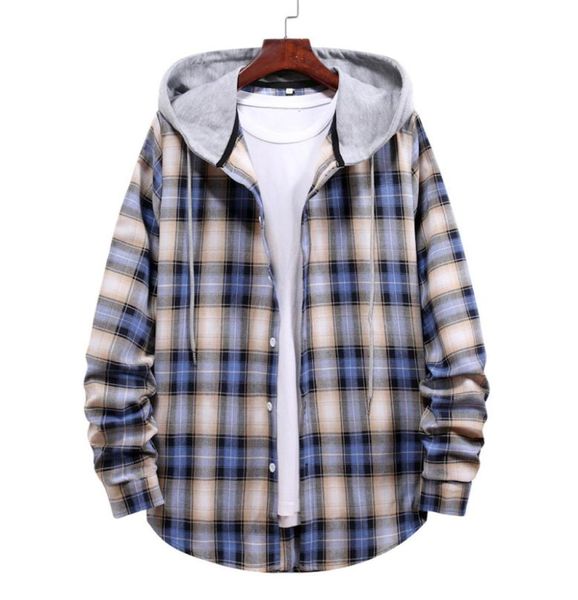 

men casual shirts long sleeve hoodie jacket plaid button down flannel loose shirts plus size fashion3653201, White;black