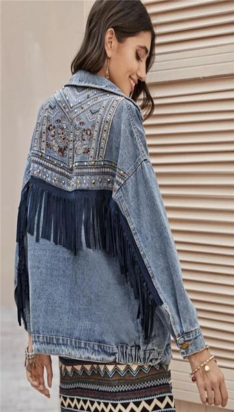 

female jacket tassel beads embroidery punk batwing sleeve women039s denim jacket ladies loose vintage streetwear jeans jackets 4614523, Black;brown