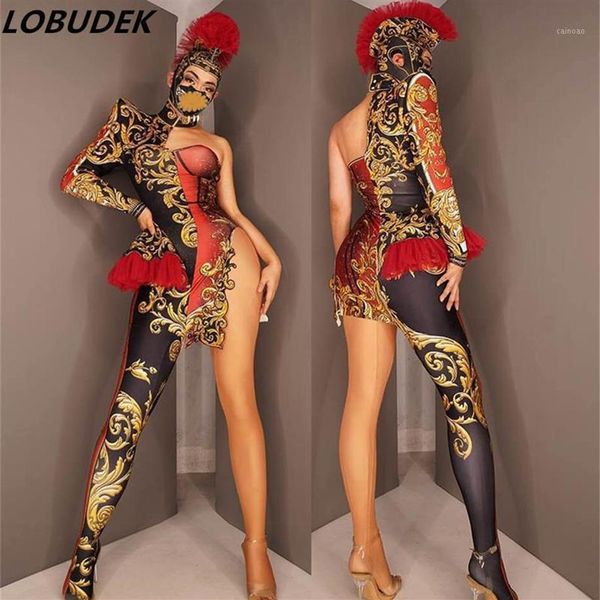 

stage wear nightclub women men team dance costume vintage print one shoulder jumpsuit headgear uniform outfit cosplay show we227v, Black;red