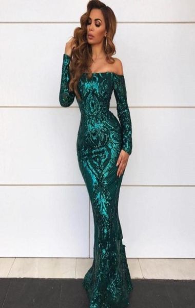 

2020 new emerald green gold sequins mermaid evening dresses wear off shoulder lace sequined long sleeves prom dress formal pa3136457, Black;red