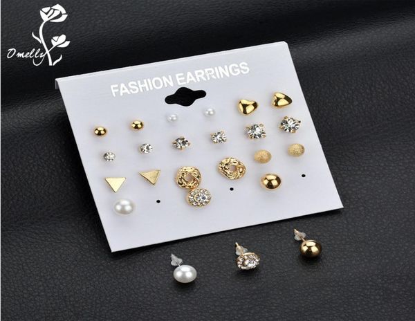 

fashion 12 pairset trendy style women pearl crystal heart stud earrings for women piercing simulated pearl whole jewelr3525416, Golden;silver