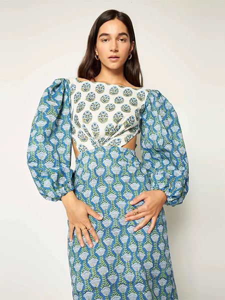 

basic casual dresses printed hollow out lace up dress women long puff sleeve backless big bow beach slim contrasting colors high waist robe, Black;gray