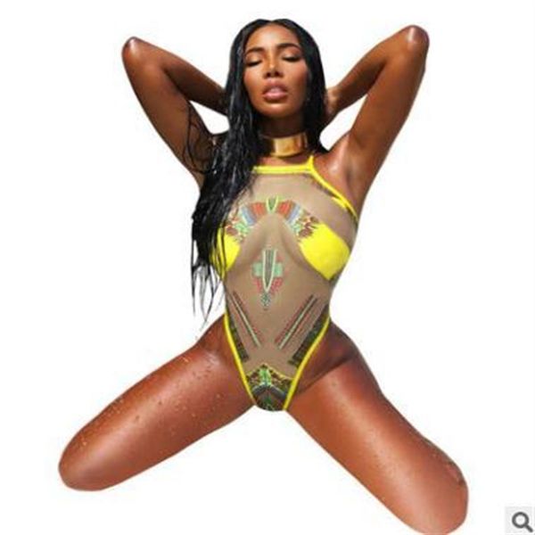 

explosive models women beach bikini african ethnic style printing straps one-piece swimsuit female yellow ladies swimwear bik2602