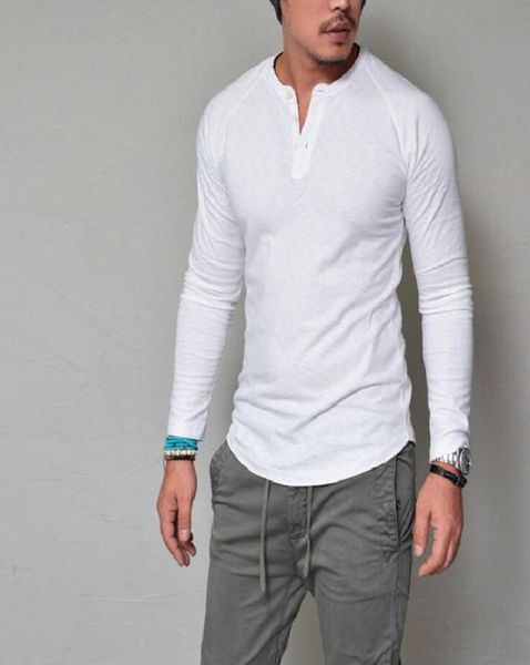 

fashion brand clothing men t shirt two button vneck slim fit long sleeve t shirts men spandex casual tees4798701, White;black