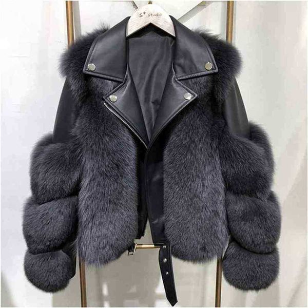 

women faux fur coat with fox winter fashion motocycle style luxury leather jackets woman trendy overcoats 210902ms6h, Black
