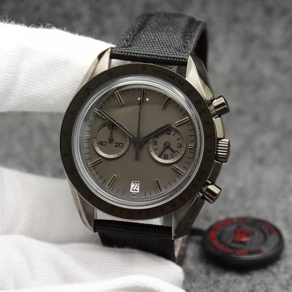 

44mm quartz chronograph gray dial mens watches moonwatch black leather strap dark side of the ring showing tachymeter markings wri320o, Slivery;brown