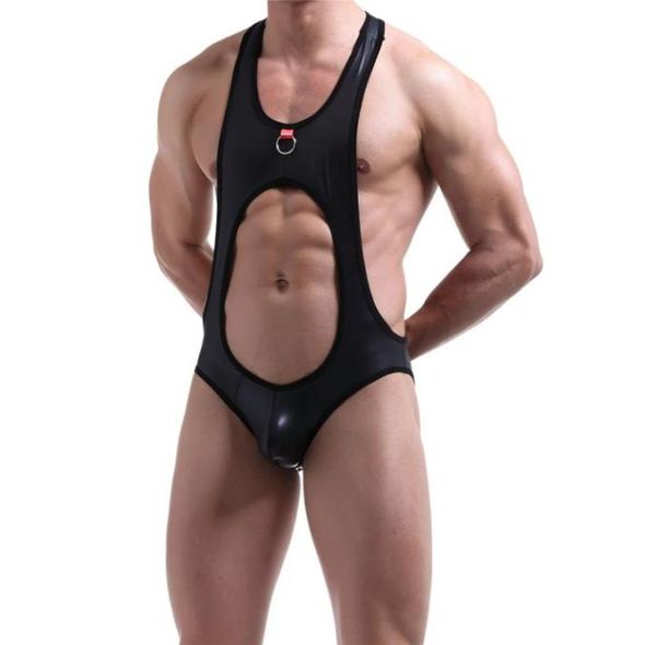 

mens pu leather bodysuit open back strecth one piece guy underwear jockstrap wrestling singlets underwear black jumpsuit9650352, Black;brown