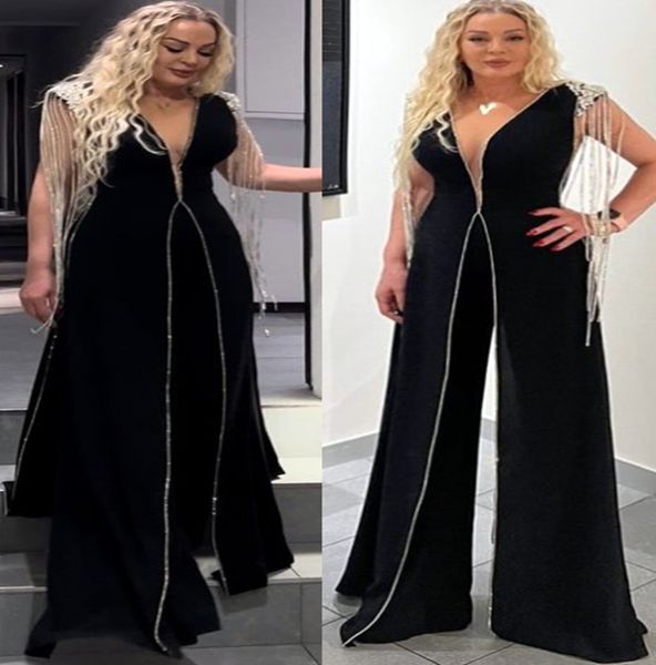 

2023 august aso ebi black a-line jumpsuits prom dress beaded crystals evening formal party second reception birthday engagement gowns dresse